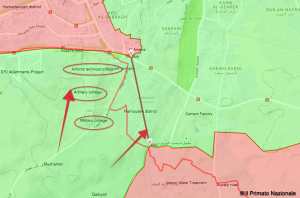 la cartina con le direttrici dell' attacco islamista che ha rotto l'assedio di Aleppo